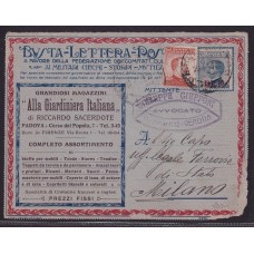 ITALIA 1921 TARJETA PUBLICITARIA CON ESTAMPILLA RESELLADA BLP CIRCULADA DIVERSAS PUBLICIDADES SOMBRERO DE MUJER AEROGRAFO PARA AUTOMOVILES LICOR GALLO PERRO ETC, RARISIMA